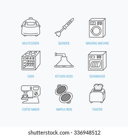 Dishwasher, washing machine and blender icons. Kitchen hood, coffee maker and toaster linear signs. Oven, multicooker and waffle-iron icons. Linear set icons on white background.