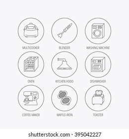 Dishwasher, washing machine and blender icons. Kitchen hood, coffee maker and toaster linear signs. Oven, multicooker and waffle-iron icons. Linear colored in circle edge icons.