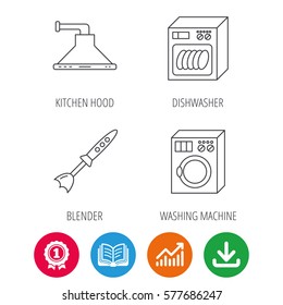 Dishwasher, washing machine and blender icons. Kitchen hood linear sign. Award medal, growth chart and opened book web icons. Download arrow. Vector