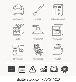 Dishwasher, washing machine and blender icons. Kitchen hood, coffee maker and toaster linear signs. Oven, multicooker and waffle-iron icons. Education book, Graph chart and Chat signs. Vector