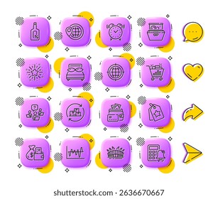 Dishwasher, World travel and Twinkle star line icons. App 3d buttons. Social media comment, share, like icons. Pack of Money, Alarm clock, Teamwork question icon. Vector