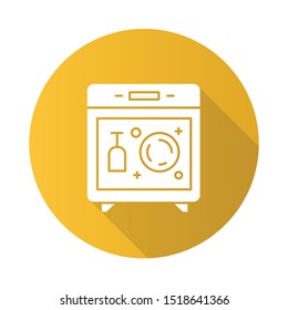 Dishwasher yellow flat design long shadow glyph icon. Modern kitchen device. Automatic dish washer. Electrical household appliances. Plates washing, steam processing. Vector silhouette illustration