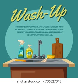 Dishwashing and cleaning with soap sink and sponge. Cartoon vector illustration