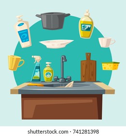 Dishwashing and cleaning with soap sink and sponge. Cartoon vector illustration