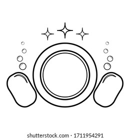 Dishwashing concept Clearing dishes Plate Washcloth Sponge Bubbles Clean kitchen idea icon outline black color vector illustration flat style image