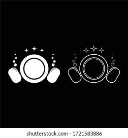 Dishwashing concept Clearing dishes Plate Washcloth Sponge Bubbles Clean kitchen idea icon outline set white color vector illustration flat style image