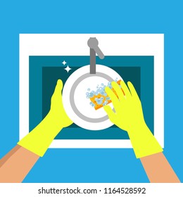 Dishwashing concept. Flat design of kitchen sink. Gloved hands wash the plate with foam. Vector isolated illustration.