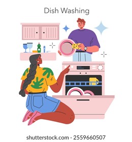 Dishwashing concept. Two people engage in cleaning dishes at home, one manually while the other points at a dishwasher. Vector illustration.