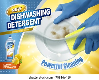 Dishwashing Detergent Ads, Blue Gloves Holding Sponge Scrubbing The Dirty Plates With Dish Cleaning Liquid Underwater, 3d Illustration