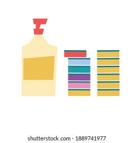 dishwashing detergent and sponges. flat 2d vector