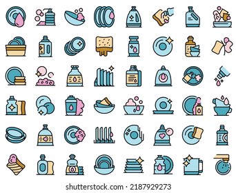 Dishwashing detergents icons set outline vector. Crockery bowl. Ceramic detergent