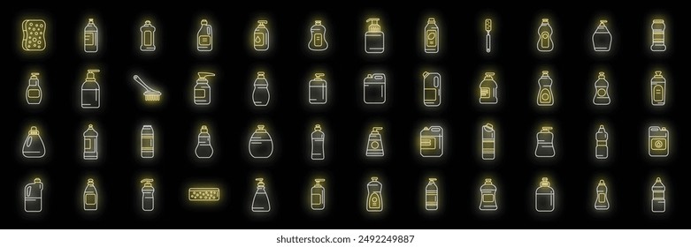 Dishwashing detergents icons set outline vector. Bowl ceramic. Clean wash neon color on black