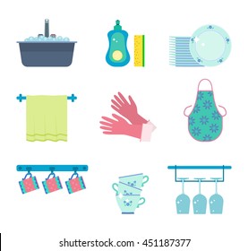 Dishwashing elements: kitchen sink, dishwashing detergent and sponge, pile of clean plates, dish towel, household gloves, apron, coffee and tea cups holder, pile of cups, wineglass holder.