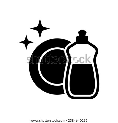 Dishwashing icon. Clean tableware. Dish washing. Clean dishes. Washing dishes. Washing up liquid. Vector icon isolated on white background.