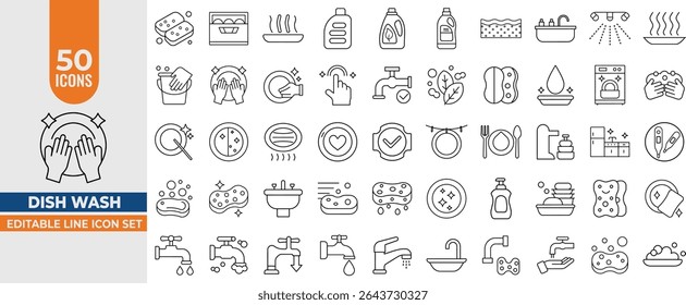 Dishwashing Line Icons Set – clean dishes, hygiene, plate, sponge, dishware, tap, foam, household, detergent, dishwasher, Editable stroke. Vector illustration