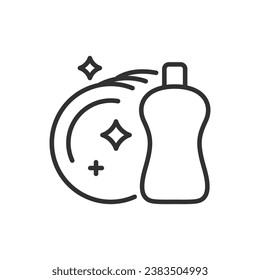 Dishwashing, linear icon. Detergent and clean dishes. Line with editable stroke