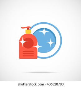 Dishwashing liquid bottle and plate flat icon. Washing dishes concept. Vector illustration