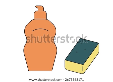 Dishwashing liquid bottle with sponge cleaning tool for kitchen hygiene and household chores flat vector illustration