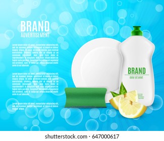 Dishwashing liquid bottle with sponge and plate. Washing dishes ads. 3d illustration. EPS10 vector