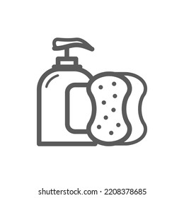 Dishwashing liquid bottle and washing sponge vector thin line icon. Kitchen and house cleaning utensils