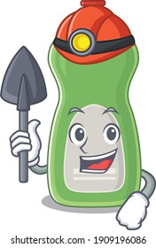 Dishwashing liquid cartoon image design as a miner with tool and helmet . Vector illustration