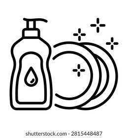 Dishwashing liquid and clean plates icon vector with cleaning products detergent dishwashing sanitation domestic household dinnerware