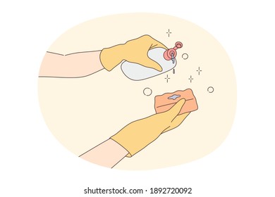 Dishwashing liquid concept. Human hands in protective rubber gloves pouring cleaning gel for washing dishes to sponge doing housework vector illustration