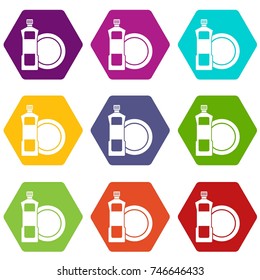 Dishwashing liquid detergent and dish icon set many color hexahedron isolated on white vector illustration