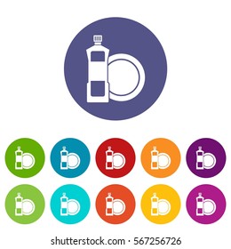 Dishwashing liquid detergent and dish set icons in different colors isolated on white background