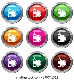 Dishwashing liquid detergent and dish set icon isolated on white. 9 icon collection vector illustration