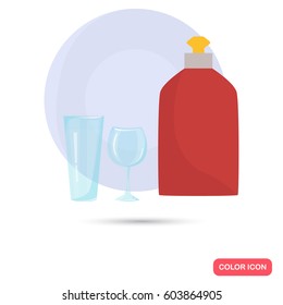 Dishwashing liquid and dinnerware color flat icon for web and mobile design