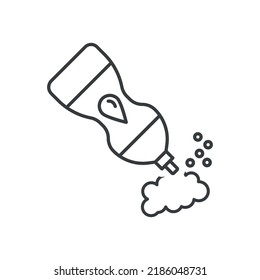 Dishwashing liquid icon. A simple line drawing of a tube of detergent with foam and bubbles. Isolated vector on white background.