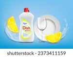 Dishwashing liquid with lemon in a plastic bottle next to clean dishes. Vector illustration