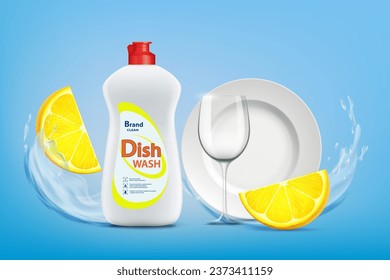 Dishwashing liquid with lemon in a plastic bottle next to clean dishes. Vector illustration