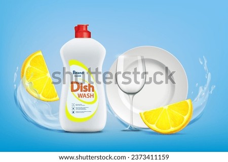 Dishwashing liquid with lemon in a plastic bottle next to clean dishes. Vector illustration