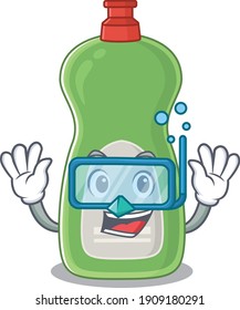 Dishwashing liquid mascot design swims with diving glasses. Vector illustration