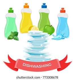 Dishwashing liquid means and pile of clean shiny dishes