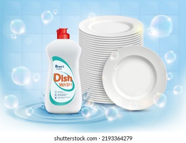 Dishwashing liquid in a plastic bottle next to clean dishes. Vector illustration