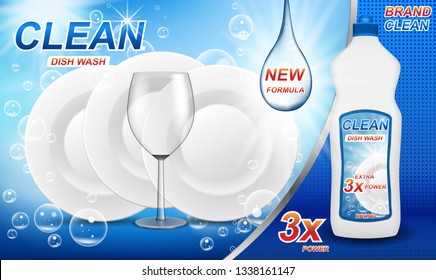 Dishwashing Liquid Product Ad. Realistic Dish Washing Template Package Design. Wash Soap Brand Bottle With Clean Dishes Poster. 3d Vector Illustration