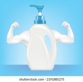 Dishwashing liquid product bottle with strong arm muscles on the blue background
