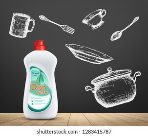 Dishwashing liquid product. Utensils and detergent soap bottle. Vector illustration.