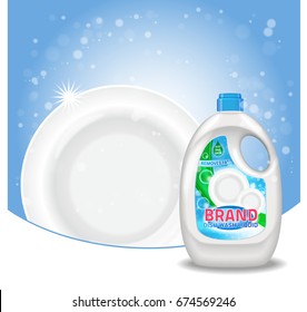 Dishwashing liquid products ad. Vector 3d illustration. Bottle template design. Dish wash brand bottle advertisement poster layout.
