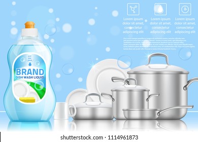 Dishwashing liquid products advertising poster. Vector realistic illustration of dish detergent brand bottle design template and clean shiny dishes and cookware.