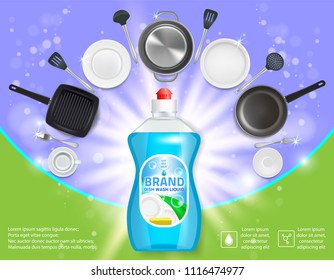 Dishwashing liquid products advertising poster. Vector realistic illustration of dish detergent brand bottle design template and clean plates, cups, cutlery and cooking utensils.