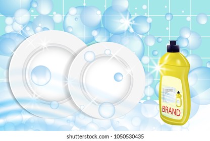 Dishwashing liquid products. Bottle label design. Dish wash advertisement poster layout. Vector illustration.