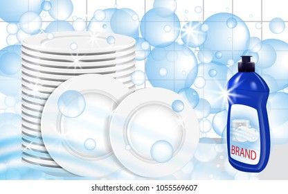 Dishwashing liquid products with plates stack. Bottle label design. Dish wash advertisement poster layout. Vector illustration.