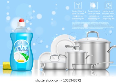 Dishwashing liquid soap ad. Vector 3d realistic illustration of plastic dish soap bottle and clean plates and cookware. Blue dish detergent promo poster with copy space.