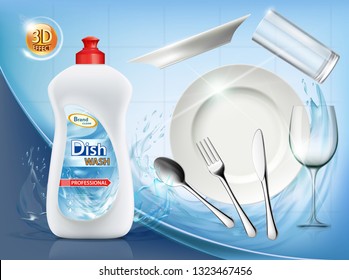 Dishwashing liquid soap. Clean plate and cutlery. Vector illustration.