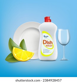 Dishwashing liquid soap with lemon in a plastic bottle next to clean the plate and glass. Stock vector illustration