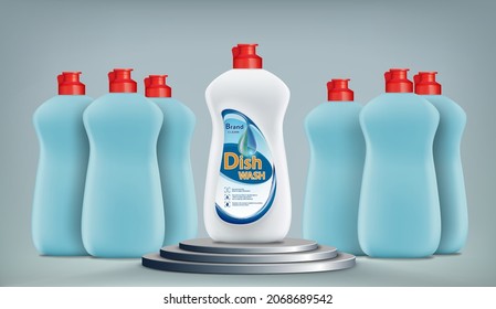 Dishwashing liquid soap on the winners podium. Comparison of detergents for dishes. Vector illustration.